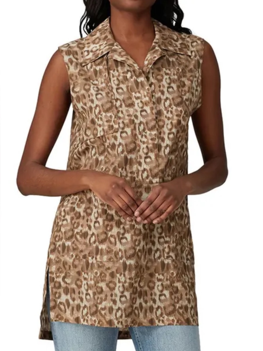 Victor Alfaro x RTR collab leopard print sleeveless tunic blouse medium safari